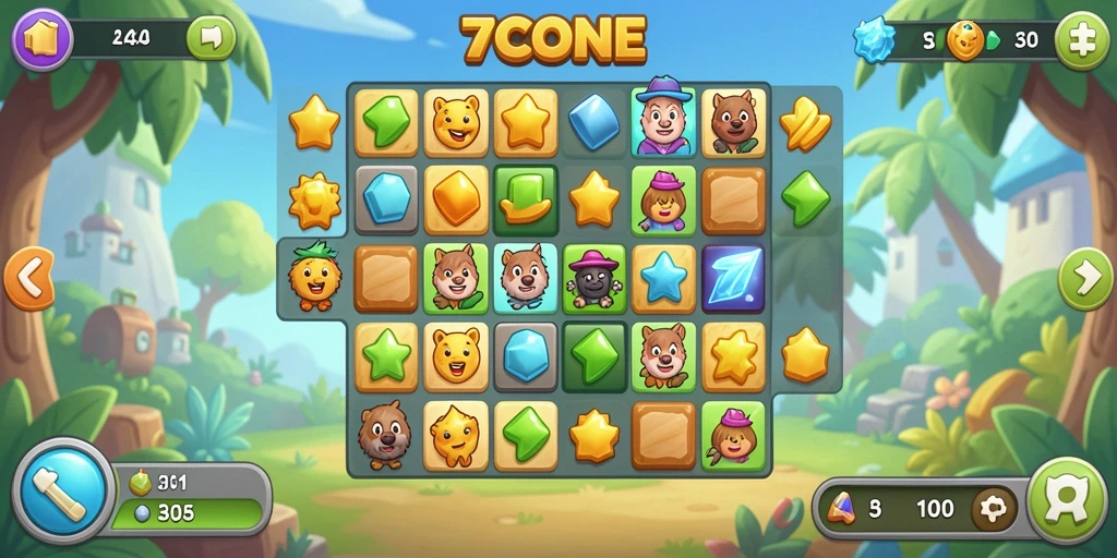 Screenshot 7CONE menampilkan antarmuka menarik dari game Puzzle Match-3.