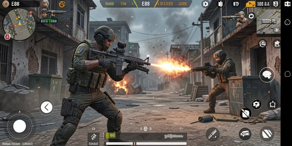 Screenshot utama E88 menunjukkan aksi menembak yang intens dan grafis menawan.
