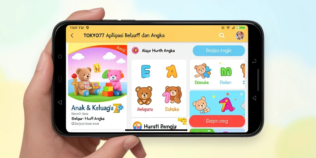 Antarmuka menarik dari aplikasi TOKYO77 untuk belajar huruf dan angka.